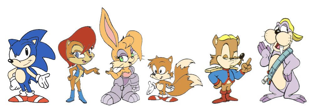 The Freedom Fighters. From left to right: Sonic, Sally, Bunnie, Tails, Antoine and Rotor.