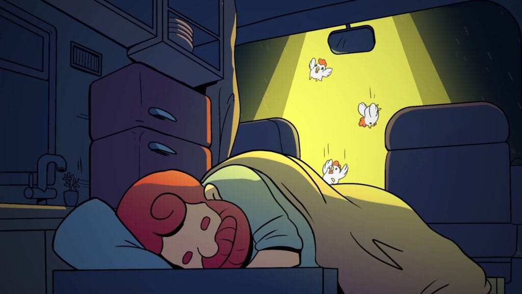 Our hero, a farmer, sleeping in his RV.