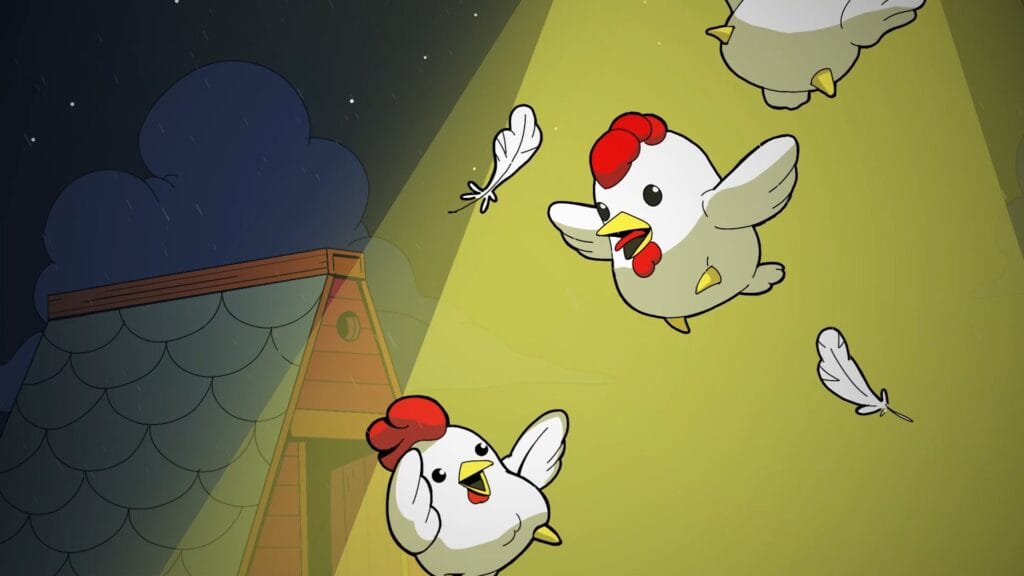 A cluster of chickens are being hijacked by aliens.