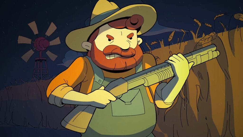 Brandishing a shotgun, the farmer sees the source of all the madness.