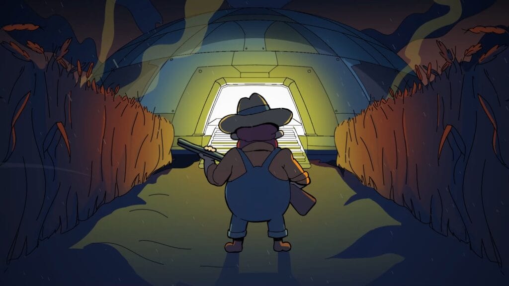The farmer, with his back to the camera, looks at the big thing in the background: An alien spaceship.